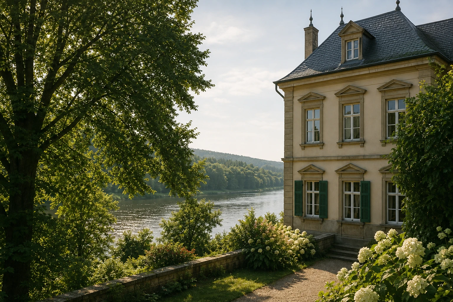 Historische Villa an der Elbe mit Garten und weißen Hortensien