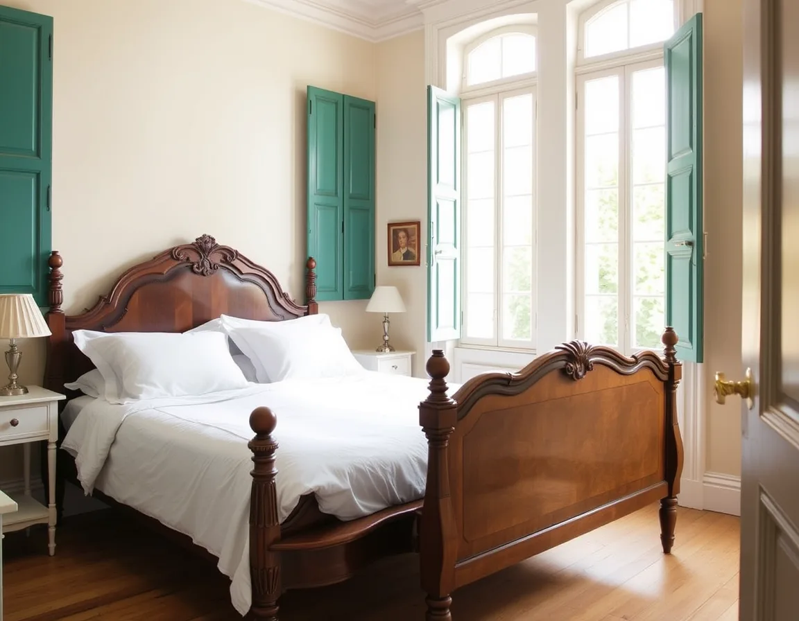Helles Schlafzimmer mit antikem Holzbett und grünen Fensterläden