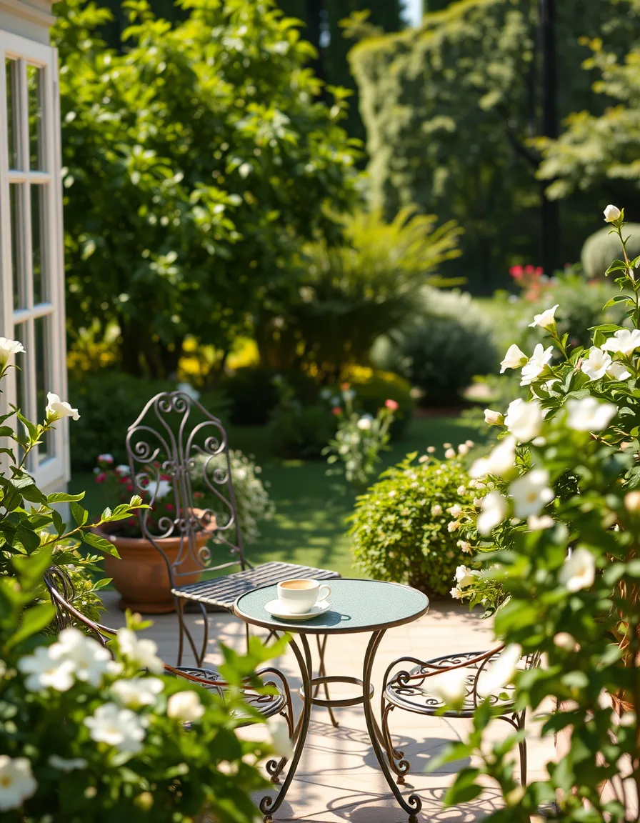 Sitzplatz im Garten mit Kaffee und Blumen